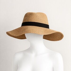 J.Crew Raffia Straw Sun Hat Wide Brim Black Band Coastal Summer Resort